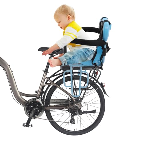 QUSKLISU Rear Child Bike Seat Attachment for Adult Bike, Comfortable Seat Cushion, Safety Harness, Rear Mounted Child Bicycle Carrier Suitable for Kids (Blue)