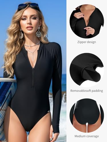 RELLECIGA Women\'s Black Long Sleeve Rash Guard One Piece Small