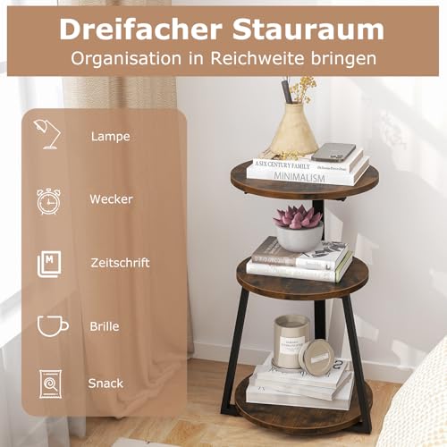 COSTWAY Beistelltisch mit 3 Ebenen, runder Sofatisch mit Metallrahmen & verstellbaren Fußpads, Nachttisch für kleinen Raum, Kleiner Couchtisch für Wohnzimmer, Schlafzimmer, 40,5 x 38 x 62 cm – Bild 8