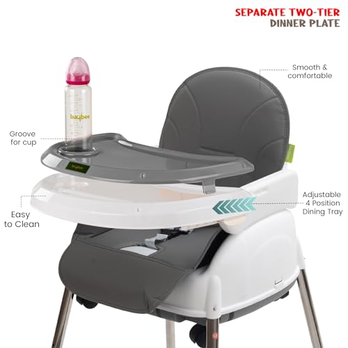 Image of BAYBEE 4 in 1 Convertible High Chair with Adjustable Height and Footrest,Baby Toddler Feeding Booster Seat with Tray,Wheels,Safety Belt and Cushion,for Boys & Girls 6 Months to 3 Yrs (Nora Grey)