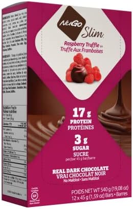NuGo Slim Dark Chocolate Raspberry Truffle, 17g Protein, 2g Sugar, 7g Fiber, 160 Calories, Low Net Carbs, Gluten Free, 12 Count