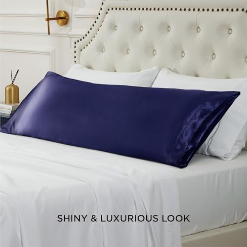 Image of Bedsure Body Pillow Cover 20x54 Inches - Navy Satin Similar to Silk Pillowcase for Hair and Skin, Cooling and Silky Long Body Pillow Pillowcase for Adults with Envelope Closure, Gifts for Women Men