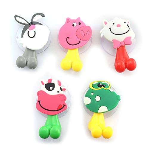 Tegg Toothbrush Holder 5PCS Plastic Cartoon Animal Wall Mounted Heavy Duty Toothbrush Holders Hooks Set with Suction Cup for Motivating Your Children to Brush Their Teeth