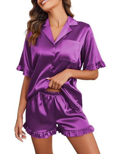 Image of Ekouaer Satin Pajama Set for Women 2 Piece Pj Sets Short Sleeve Sleepwear | Super Soft Silky Summer Loungewear Set with Ruffle Short Sleeve Top and Pocket Shorts, Casual Travel Daily Gift