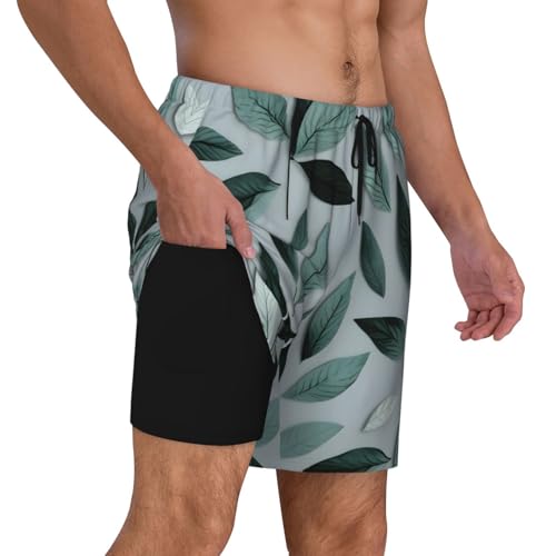 Mint Gray Leaf Print Mens Swim Shorts Trunks Inseam Compression Liner Quick Dry Zipper Pocket3
