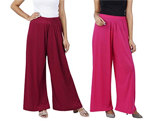 Image of Buy That Trendz M to 6XL Cotton Viscose Loose Fit Women Flared Wide Leg Palazzo Pants for Maroon Rani Pink 2 of Pack Combo Large