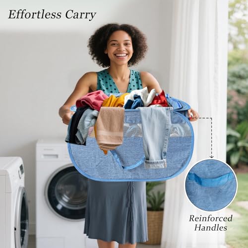 Image of Upgraded 100L Extra Large Mesh Pop Up Laundry Hamper with Lid and Handles. XL Closet Storage Bins, Dirty Clothes Basket for Dorm Home, Foldable Laundry Basket. Blue. H