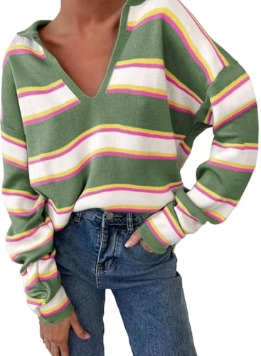 EVALESS Sweaters for Women Long Sleeve V Neck Striped Knit Drop Shoulder Fall Jumper 2025 Henley Pullover