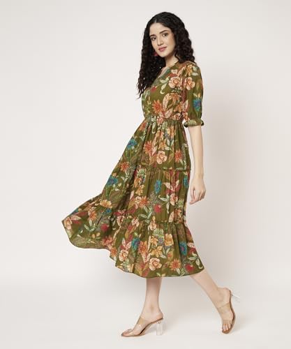 Image of PIDAVLIYA'S Women's Cotton Floral Printed Midi Dress | V-Neck Fit & Flare Dress with Puff Sleeves | Casual Summer Wear