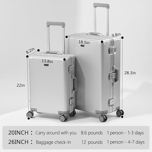 YYW Aluminum Carry-On Luggage Airline Approved Lightweight Suitcase with TSA Lock and Silent Wheels, Hardshell Spinner Business Travel (silver, 26in)2