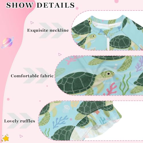 Sea Turtle Coral Pattern Girls Long Sleeve Swimsuit Rash Guard One Piece Bathing Suits Zipper 3-12T4