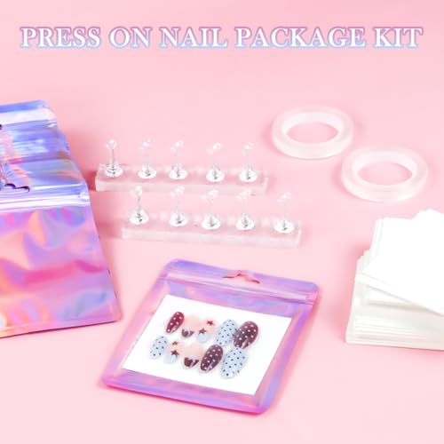 Image of 50 PCS Nails Packaging Bags with Nail Stand for Fake Nail, Holographic Press On Nail Storage Container Nail Art Kit for Diy Design, Nail Cardboards with 2 Double-sided Tape Salon Home Pink
