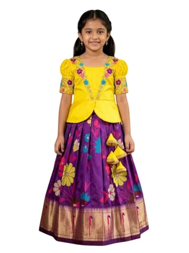 Image of White Button Girls South Indian Pattu Pavadai | Traditional Digital Print Satin Lehenga Choli Set