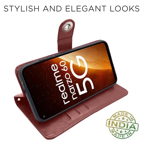 Image of Pikkme Realme Narzo 60 5G Flip Cover Leather Finish | Inside TPU with Card Pockets | Wallet Stand and Shock Proof | Complete Protection Button Flip Case (Brown)