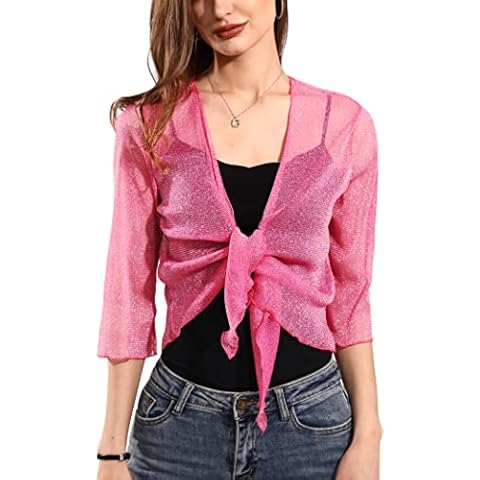 Tegmk Womens Shiny Sheer Shrug Tie Top Open Front Cardigan Lightweight Knit(23801-03-L/2XL) Cover