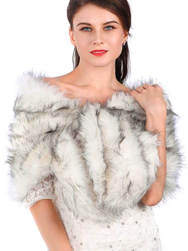 Aukmla Women's Wedding Fur Wraps and Shawls Bridal Fur Stoles Scarf with Rhinestones Brooch for Bride and Bridesmaids