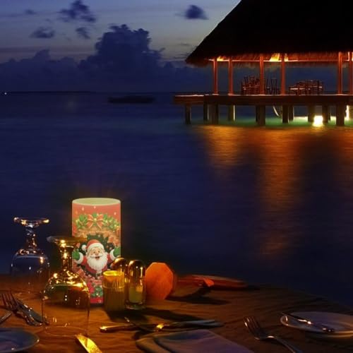 Image of Poceacles Flameless LED Candle Christmas Votive Lights Realistic Pillar Candle Decorative Tea Lights for Home Party Indoor Outdoor Decor, Red Santa Claus Print