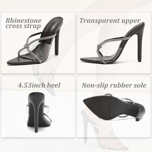 Women's Rhinestone Cross Knot Strap Stiletto Slides with Clear Band Sexy Pointed Open Toe High Heel Prom Mule Sandals Elegant Slip-On Heeled Dress Slippers for Party Wedding3