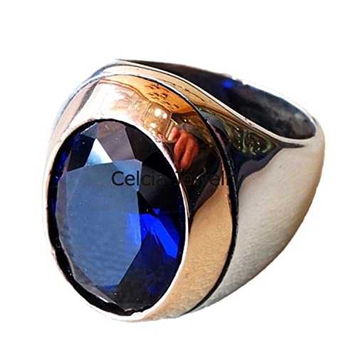 Bague ovale en pierres précieuses synthétiques saphir bleu, bijoux en argent sterling massif, identique à la chevalière pour homme bague de déclaration,...