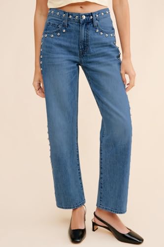 D-Sun Women's Mid Rise Straight Leg Jeans Studded Wide Leg Casual Jeans Rivet Stretchy Baggy Denim Pants4