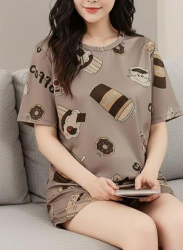 Image of SMOWKLY Women Korean Shorts Pajama Set |Summer Night Top & Shorts Dress |Cotton Blend Nightwear Set Top & Shorts Sleepwear Lounge Wear Soft Comfortable Night Suit Ladies | Co-Ord Home Wear Set