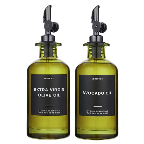 Verspace UV-Protected Green Glass Olive Oil Dispenser Bottles For Kitchen - Includes 40 Kitchen Essential Labels, Avocado Oil Dispenser Set, Modern Decor for Home, Airbnb, Cafe Set of 2