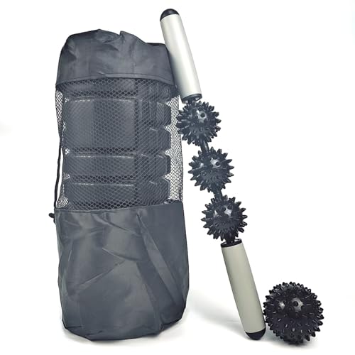 3 in 1 Schaumstoffroller Set für Tiefengewebe-Muskelmassage - Massagerolle mit Triggerpunkten + Muskelroller-Stick + Massagebälle + Tragetasche für Fitness, Yoga, Entspannung & Pilates