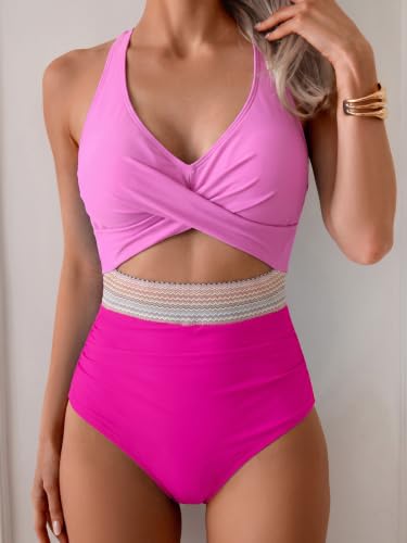 Image of B2prity Women's One Piece Swimsuit Tummy Control High Waisted Bathing Suit | Color Block,Removable Soft Cups,Cutout,V neck,Full Coverage,Adjustable Criss Cross Straps,Tie Back