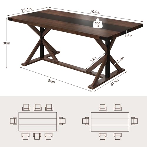 Hlivelood 71 Inch Dining Table for 6 People, Rectangular Kitchen Farmhouse Table W/Thickness Waterproof Wood Tabletop,Long Dining Room Tables W/Wood Strip Base for Kitchen Living Room(BR) - Thumbnail 2