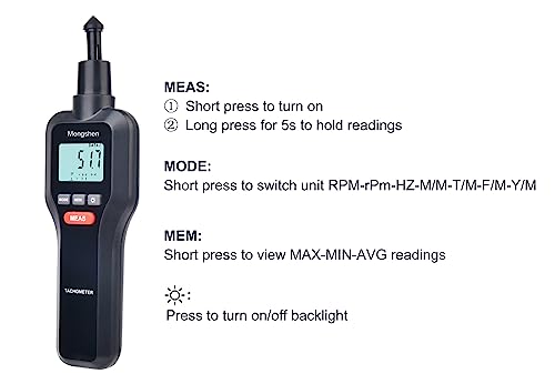 Mengshen Digital Tachometer, 2-in-1 Berührungslos & Kontakt Drehzahlmessung Drehzahlmesser