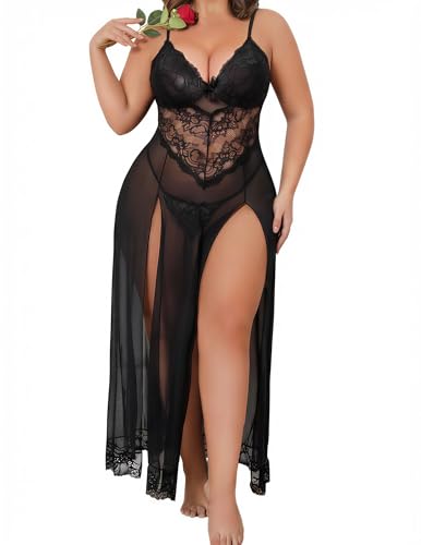 Image of Alrovetoney Plus Size Lingerie For Women Babydoll Sexy Mesh Maxi Nightdress Exotic Sleepwear Side Slits