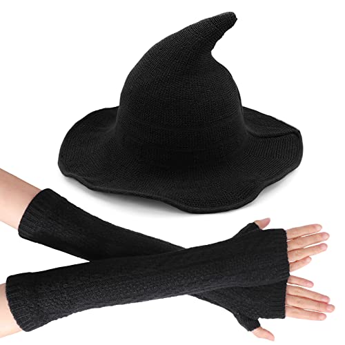 TAGVO Women Witch Hat and Wizard Hat - Halloween Pointed Knitted Cap With Foldable Brim - Fingerless Gloves Long Winter Arm Warmers for Christmas Costume Cosplay Party