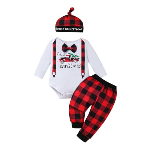 vivifayee Newborn Baby Boy My 1st Christmas Outfits Infant Long Sleeve Bowtie Romper Red Plaid Pants Set with Hat 3Pcs Clothes