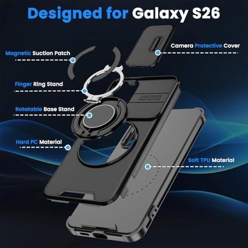 Image of ZORBES Compatible with Galaxy S26, S26 Case with Military Grade Shockproof Rugged, Magnetic Desk Ring Anti-Scratch PC Phone Case with TPU Bumper, Sliding Lens Guards