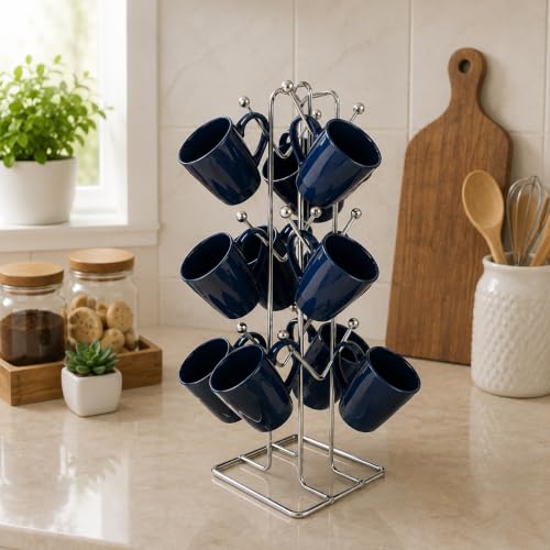NH10 DESIGNS Silver Stainless Steel Tabletop Cubby Shelf Cup Rack - Ideal for Kitchen, Coffee, and Tea Mug Display, Elegant Dining Table Cup Holder for 12 Cups (Pack of1) (NHSP)