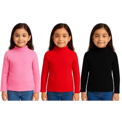 Image of Girls Winter High Neck Sweater Pack of 3 - Full Sleeve Ribbed Pullover for Kids | Warm & Stretchable Turtleneck Tops
