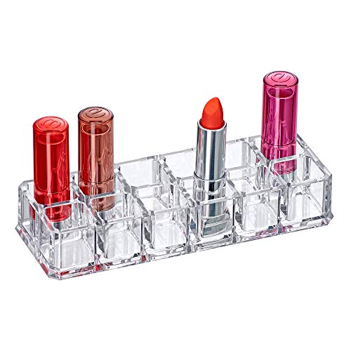 Amazing Abby - Charm - 12-Slot Acrylic Lipstick Organizer, Lipstick Holder, Lip Gloss Organizer, Cosmetic Storage Display, Perfect Storage Solution for Drawer, Vanity, Bathroom, and More