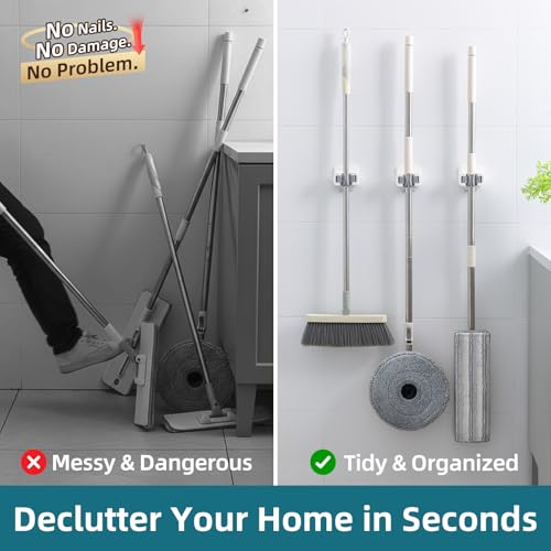 Image of TAILI Mop and Broom Holder Wall Mount Grippers, 3 Hangers and 8 Adhesive Strips, Damage Free Hanging Wall Mount, Household Cleaning Organizer for Organization and Storage, Holds up to 4 lbs, Grey