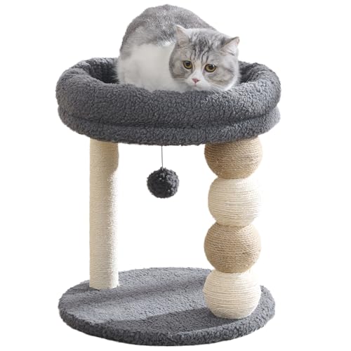U-YocanPet キャットタワー ミニ 猫タワー 小型 低め 据え置き 省スペース 麻紐爪とぎ シンプル かわいい ボール型猫爪とぎ おもちゃ付き 大きい展望台 組み立て簡単 高さ45cm グレー