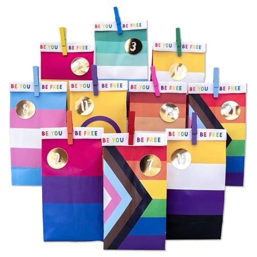 Papierdrachen Adventskalender 2025-24 Tüten zum Selbstbefüllen - goldene Zahlensticker - bunte Holzklammern - Be You Be Free - Pride-Flaggen - LGBTQ - Diversity - wiederverwendbar