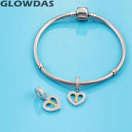 Image of GLOWDAS 18K Gold Plated Letter Charms Initial A to Z Necklace Pendant, 925 Sterling Silver CZ Heart Dangle Alphabet Beads fit European DIY Bracelet, Gifts for Valentiens /Christmas /Family