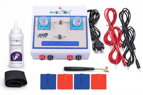Image of PHYSIOTREX Mini Muscle Stimulator for Physiotherapy - 2 Channel EMS Machine with Galvanic & Faradic Modes - Professional Portable Muscle Stimulator Kit for Pain Relief, Rehabilitation & Toning (Includes 250ml Gel & 4 Pads) with 1 Year Warranty