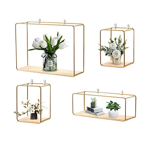 F Finec Wall Mounted Floating Shelves Gold Set Of 4 Rectangle, Modern Metal Wall Shelf, Simple Wood Partition Storage Shelves, Wall Decor Rack For Bedroom, Living Room, Kitchen And Office #TOP7