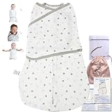 Hirashinn スワドル 新生児用 おくるみ 【特許出願・独自の3WAY調整可能・IHDI認証済み】 100%天然コットン 腕出しOK・モロー反射防止・Ｗチャックでオムツ替えラク 【助産師推奨】 夜泣き対策・出産祝い・オールシーズン対応 洗濯ネット＆巾着付属 (M, HOSHI)