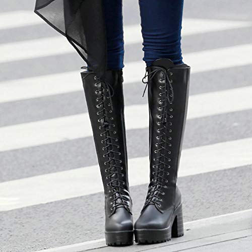Image of Parisuit Women's Knee High Goth Platform Boots Lace Up Combat Boots | Chunky High Heel, Buckle Boots, Punk Chain Boots