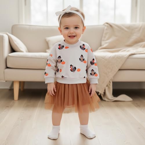 Toddler Baby Girl Thanksgiving Outfit Turkey Letter Printed Long Sleeve Dress Mesh Tulle Clothes3