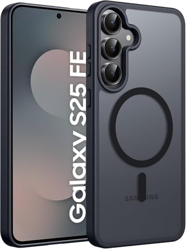 Elzzi Magnetic Guard Case for Samsung Galaxy S25 FE 5G Cover, Compatible with MagSafe Translucent Matte Hard PC + TPU Hybrid Back Cover, Slim Shock-Resistant Anti-Scratch Protective Case (Black)