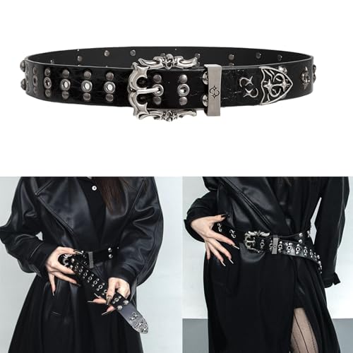 Women's Retro Punk Rivet Belt Adjustable Double Row Hole Secure Nonslip Clasp Sash PU Leather Waist2