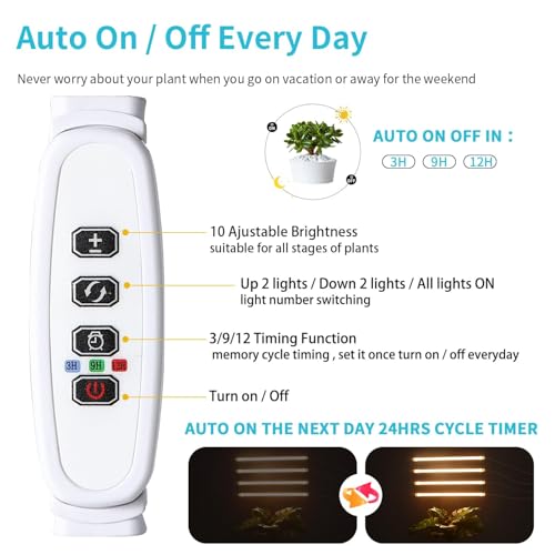 Azonee LED Grow Light Strips for Indoor Plants Full Spectrum 3500K, 192 LEDs Plant Light Bar with 3/9/12H Timer, 10 Dimmable Levels for Seedling Succulent, 13 Inches, 4 Head