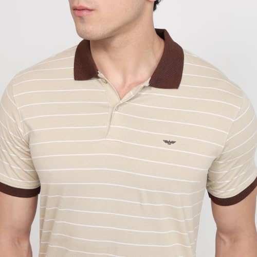 Image of Park Avenue Men Slim Fit Stripe Pattern Pure Cotton Polo Neck Half Sleeve Casual T-Shirt